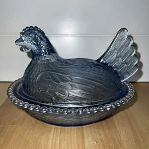 Vintage Indiana Glass Blue Hen On A Nest Dish Bowl Chicken Farmhouse Retro 5x7"